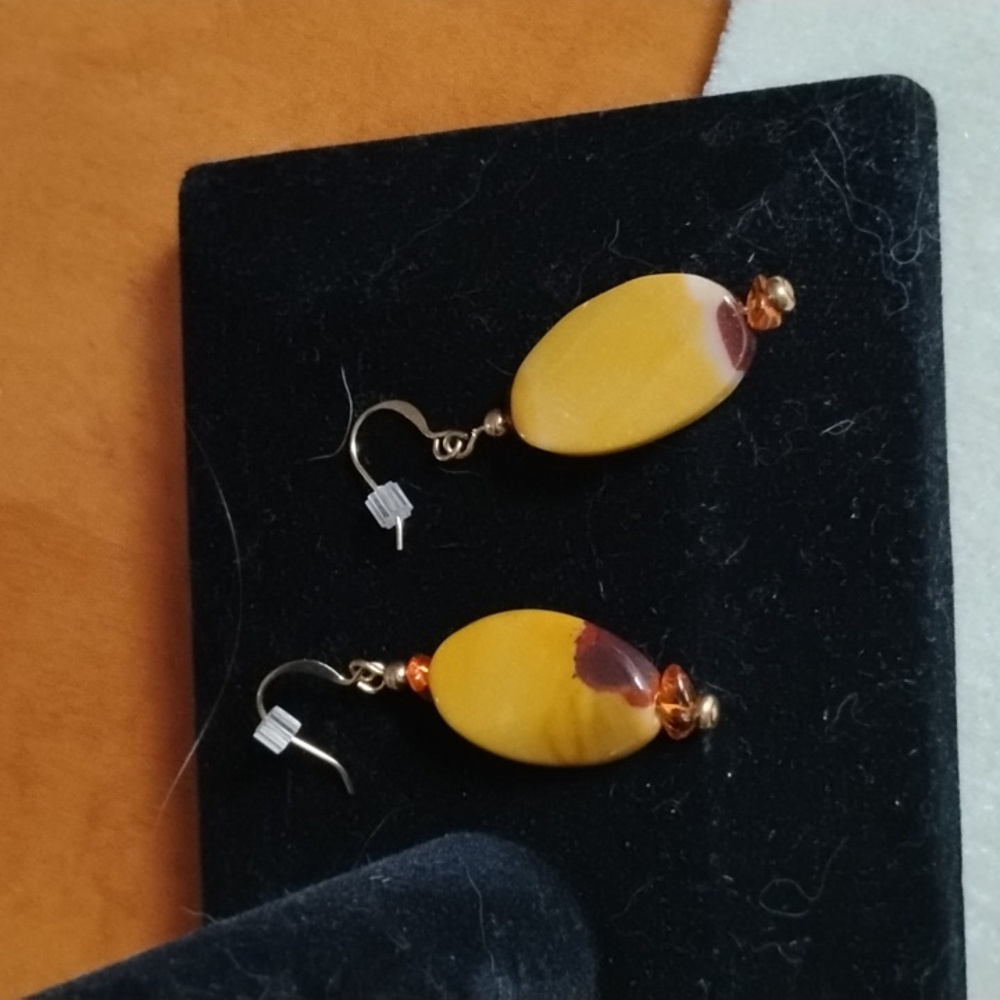 Hand Crafted Mookite And Amber Earrings